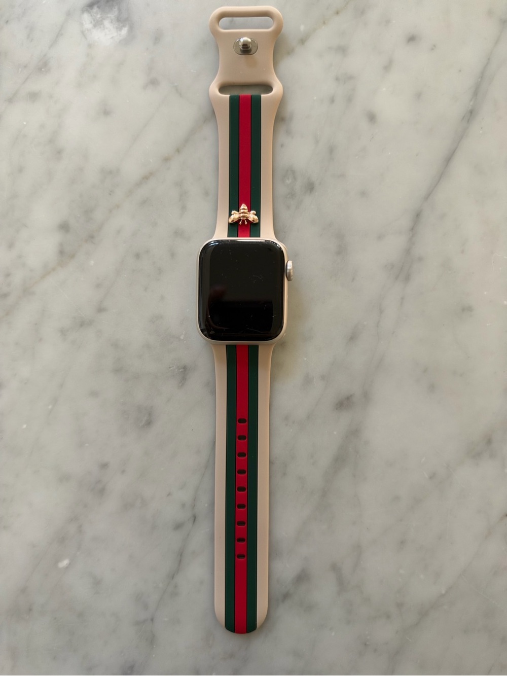 Apple Silicone Watch Band in Beige with Gold Bee and Red & Green Stripes - NWT!